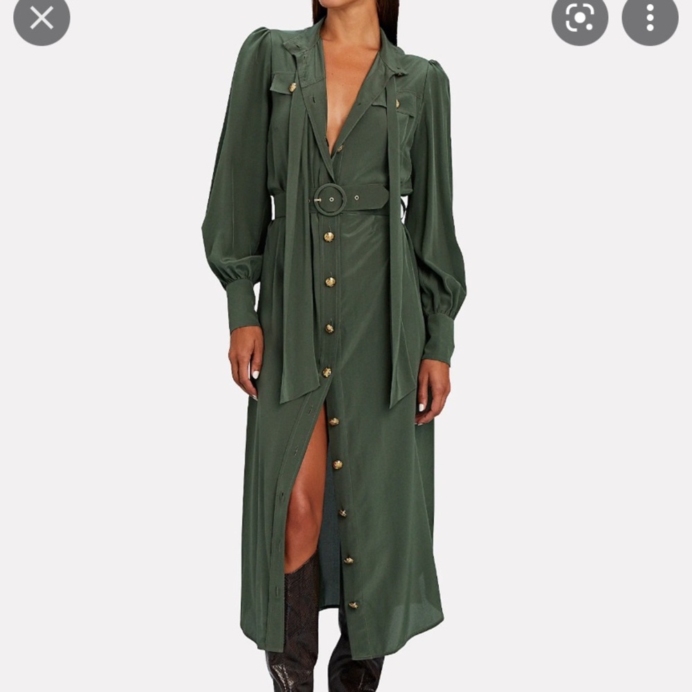 Zimmermann Silk Tie Neck Midi Dress Army Green with gold buttons & belt - size 2